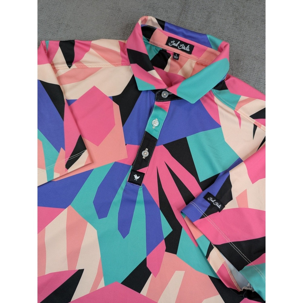 Bad Birdie Polo Shirt Mens L Pink Teal Geometric Abstract Performance Golf Top